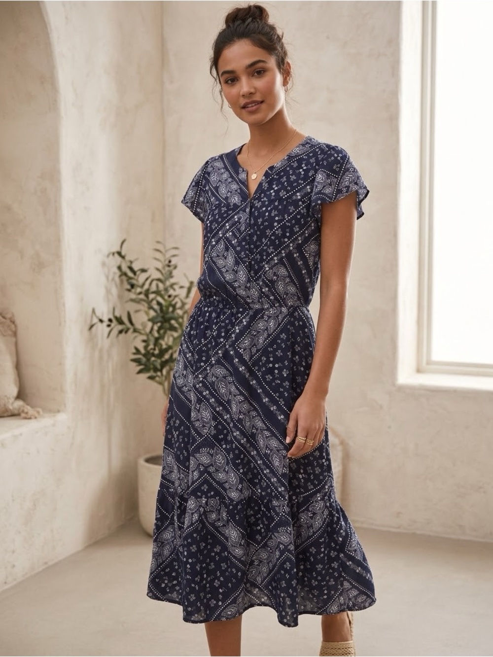 GAP Navy and White Paisley Split Neck Midi Dress
